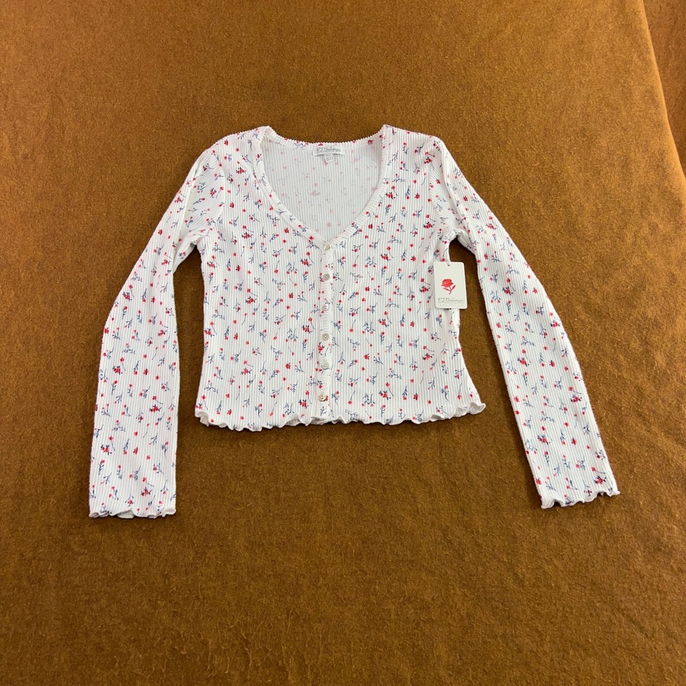 PJ Salvage Womens Small Ivory Red Floral Ribbed Knit Button Front Top NWT